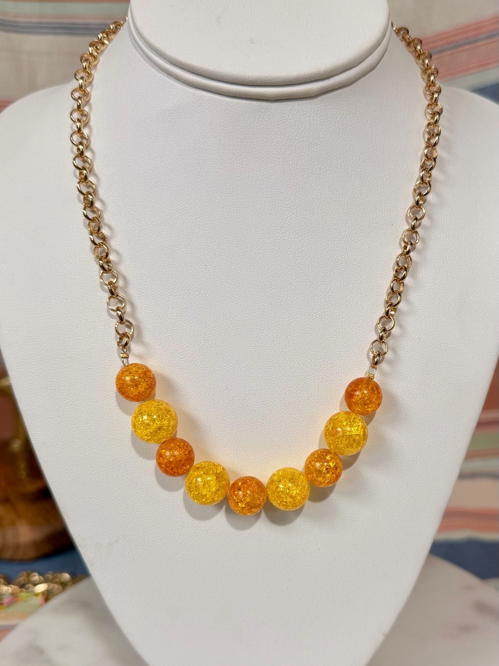 Handmade Gold-Tone Necklace with Sparkling Amber and Yellow Beads (Set)